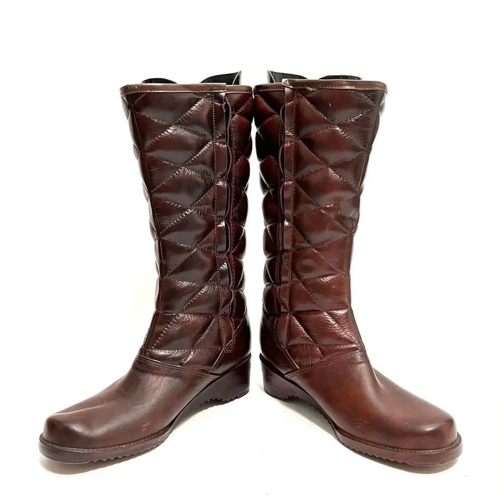 Vintage 1970s brown vegan leather quilted fleece lined knee high rain boots